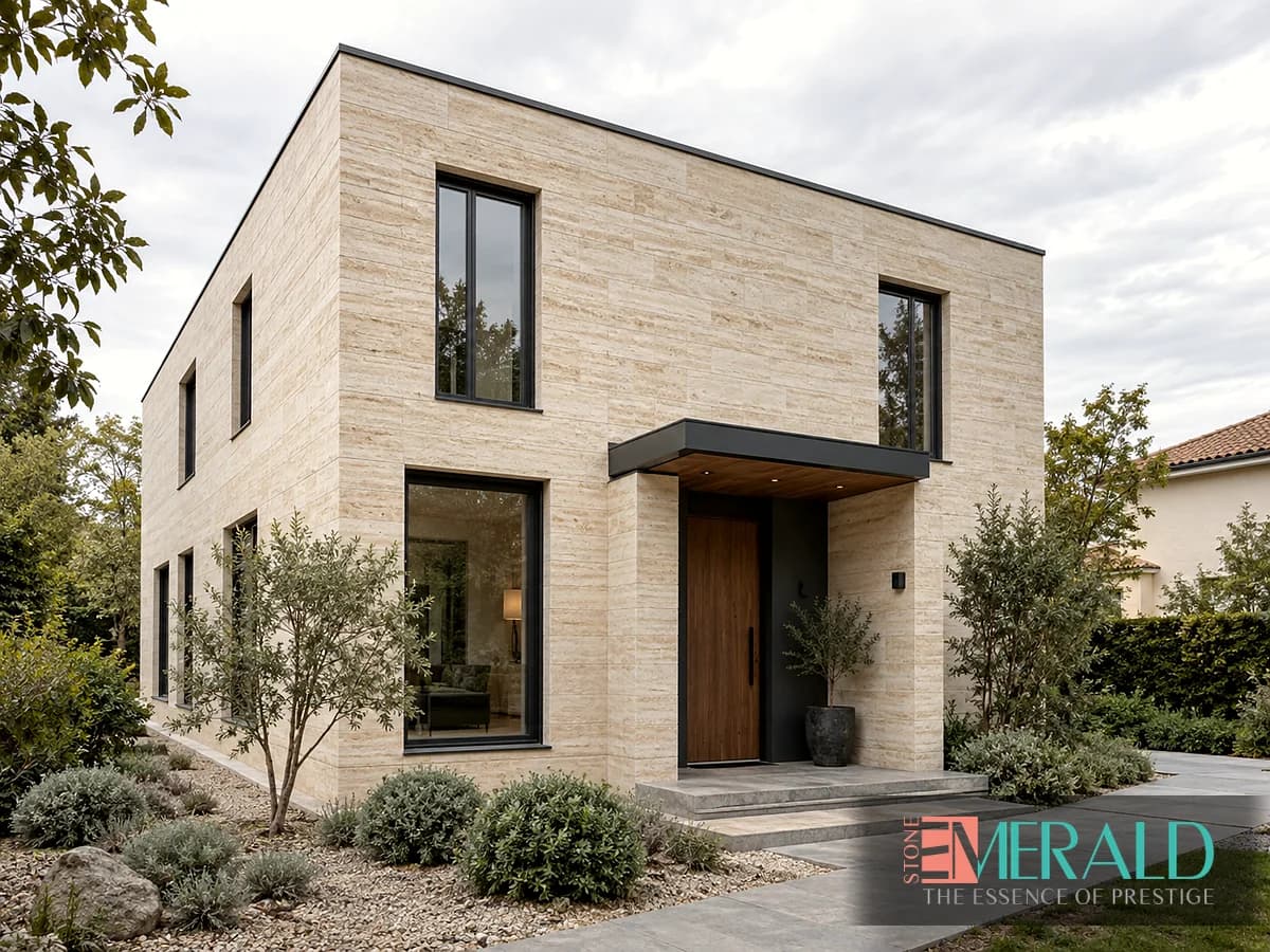 نمای ویلای دوطبقه با تراورتن کرم، قاب تیره و ورودی سایه‌دار — امرالد استون
